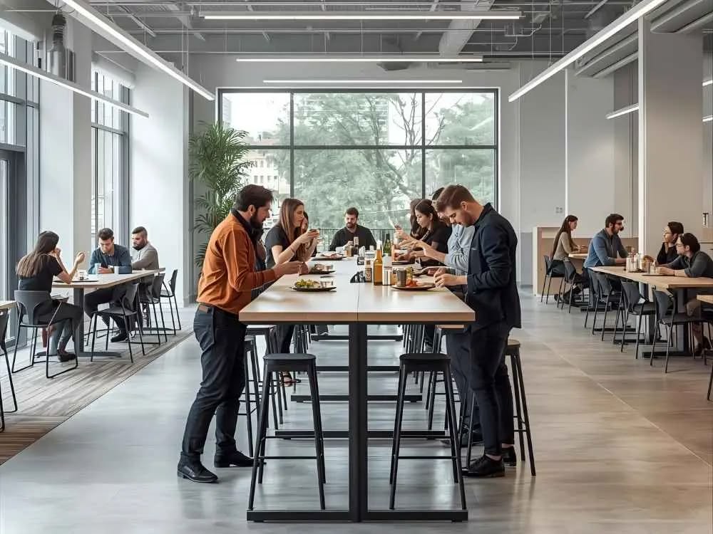 Collaborative office break area with organized snack display
